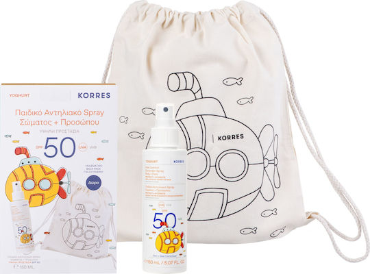 Korres Yoghurt Kids Comfort SPF50 Αδιάβροχο Παιδικό Αντηλιακό Σετ Spray για Πρόσωπο & Σώμα 150ml & Δώρο Υφασμάτινη Τσάντα για Ζωγραφική
