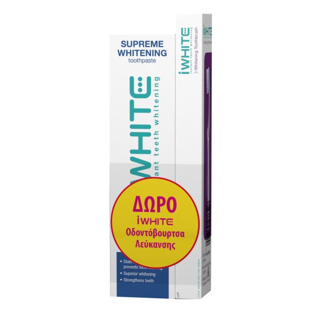 iWhite Promo με Supreme Whitening Οδοντόκρεμα για Λεύκανση, 75ml & Δώρο Διάφανη Οδοντόβουρτσα Λεύκανσης, 1τεμ, 1σετ