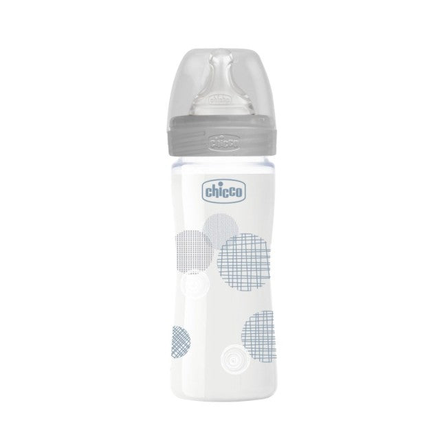 Chicco Well Being Glass Baby Bottle Unisex 240ml 0m+  (Μπιμπερό Γυάλινο με Θηλή Σιλικόνης Κανονικής Ροής)