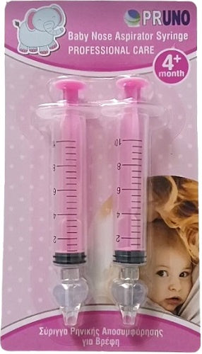 Pruno Professional Care Baby Nose Aspirator Syringe With Silicone Nose (Pink Color) Σύριγγα Ρινικής Αποσυμφόρησης [4m﹢] 2τμχ