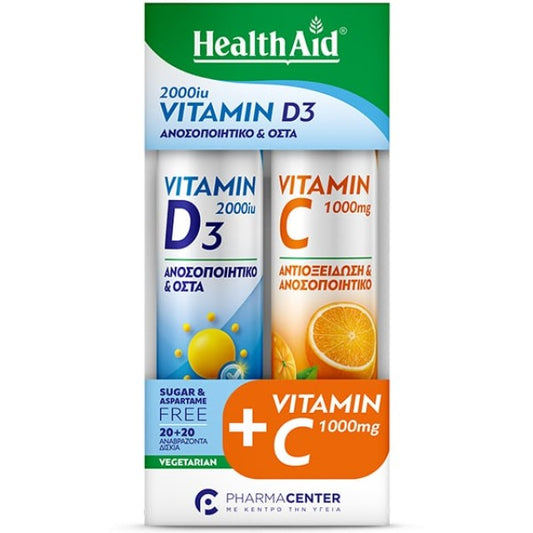 Health Aid Vitamin D3 2000iu & Vitamin C 1000mg Πορτοκάλι 2 x 20tabs Αναβράζοντα