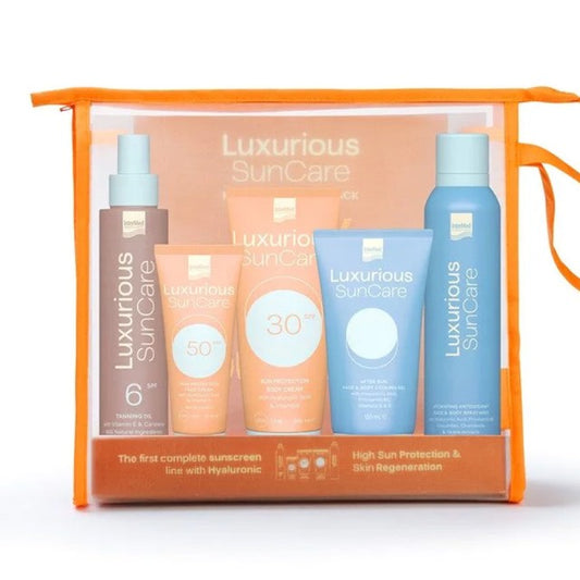 Intermed Luxurious SunCare High Protection Pack με Face Cream Κρέμα Προσώπου SPF50, 75ml, Body Cream Κρέμα Σώματος SPF30, 200ml, Tanning Oil SPF6, 200ml, After Sun Cooling Gel, 150ml & Hydrating Antioxidant Ενυδατικό Mist, 200ml, 1σετ