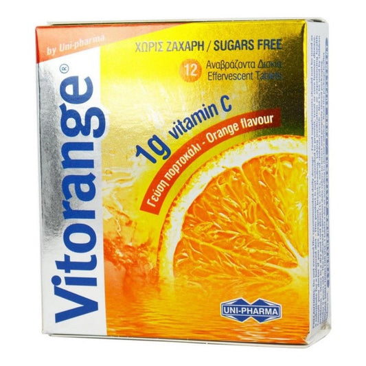 Uni-Pharma Vitorange 1g Vitamin C Συμπλήρωμα Διατροφής με Βιταμίνη C για Αυξηση Ενέργειας & Ενίσχυση Ανοσοποιητικού - Χωρίς Ζάχαρη, 12eff.tabs